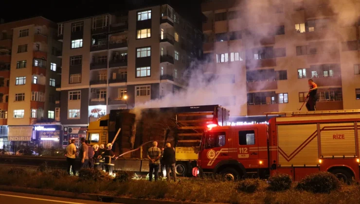 Rize’de karton yüklü TIR’ın dorsesi yandı